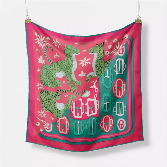 Leopard Scarf Pink Green Twill Silk Square - Chinoiserie / Grandmillennial Style - Picture 1 of 4